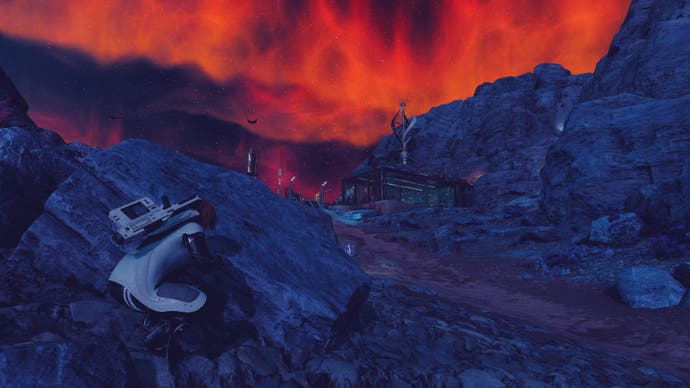 A woman crouches behind a rock in Starfield's Shattered Space expansion.