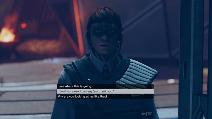 A conversation with three dialogue options in Starfield's Shattered Space expansion.