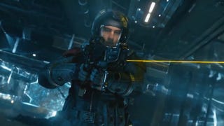 Starfield Shattered Space trailer screenshot showing a male astronaut firing a laser gun