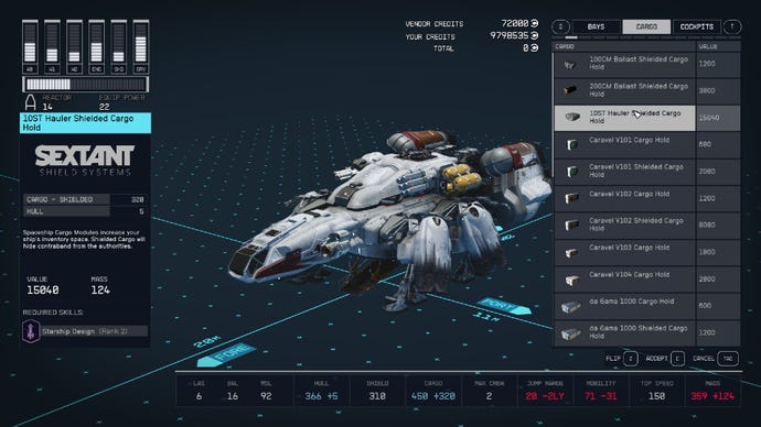 Starfield image showing the ship builder menu, over the Frontier ship.