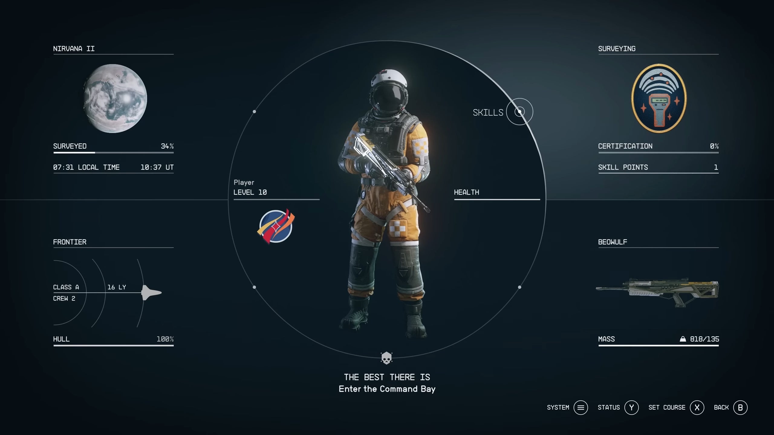 Main menu with the skills submenu option highlighted.