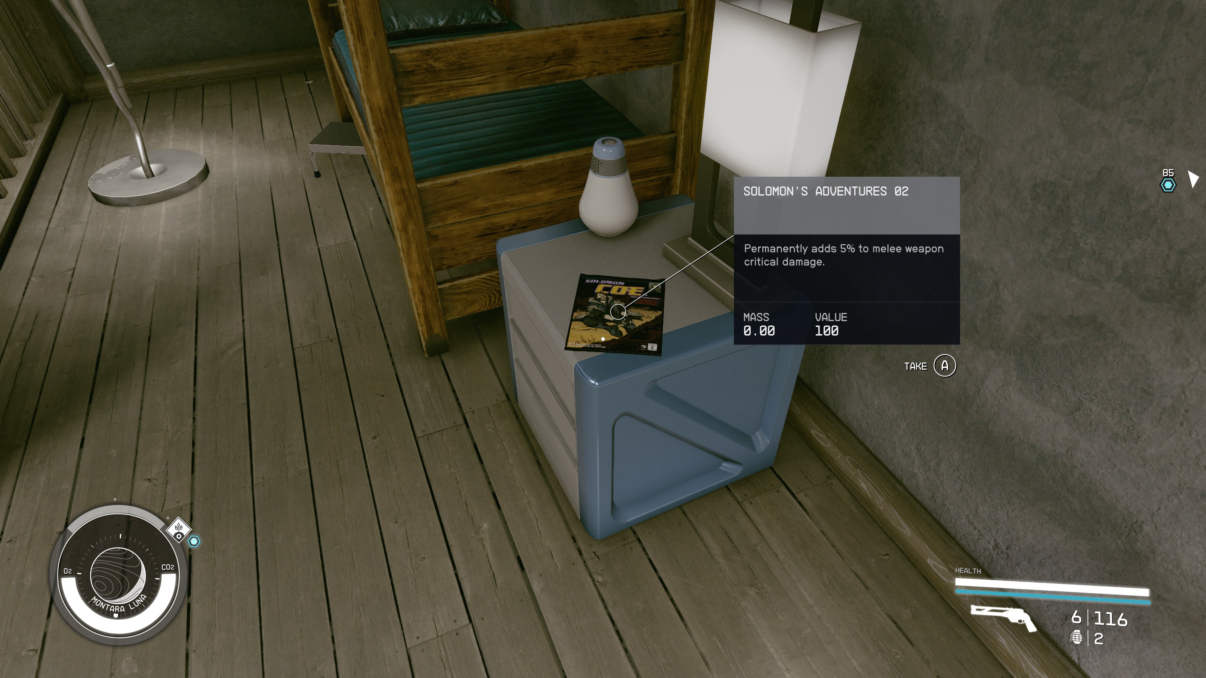 first person view of solomons adventures skill book on a cabinet beside bunk beds