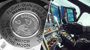 A split image consisting of the back of an Omega Speedmaster (with an engraving referencing that it is a flight-qualified watch for NASA) and a piece of concept art for Starfield, showing a human character interacting with the controls of a busy space ship console.