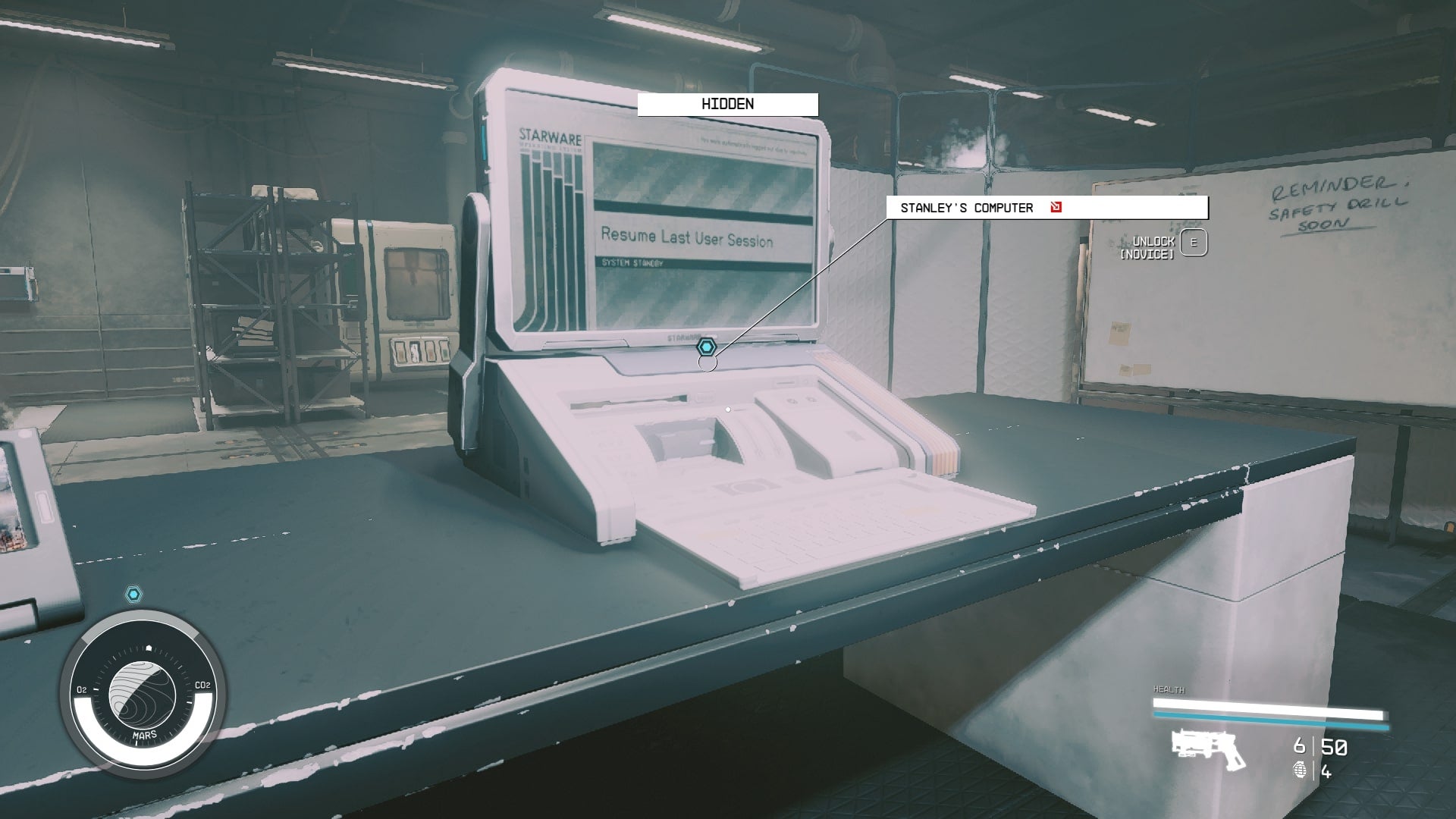 The player accesses Stanley&rsquo;s PC while hidden in Starfield