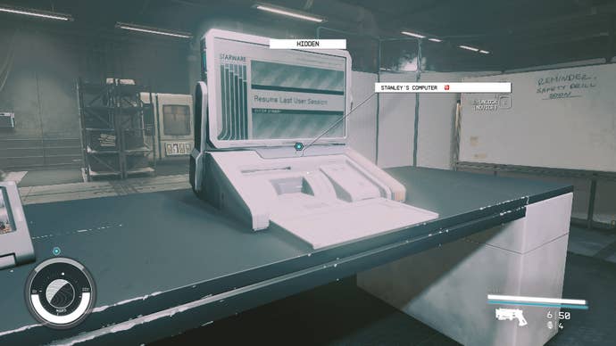 The player accesses Stanley’s PC while hidden in Starfield