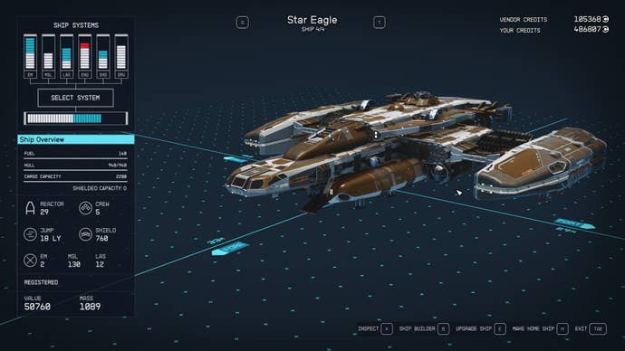 The Star Eagle in the ships menu in Starfield
