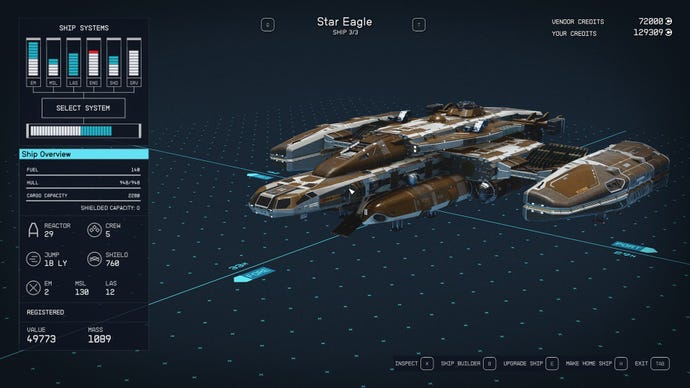 The stats of the Starfield Star Eagle ship, which you can get for completing the Freestar Collective quest line.
