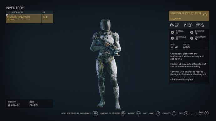 The Starborn spacesuit in the player inventory in Starfield