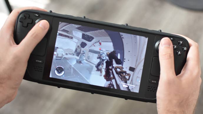 Attacking the bridge of a mercenary ship in Starfield, on a Steam Deck.