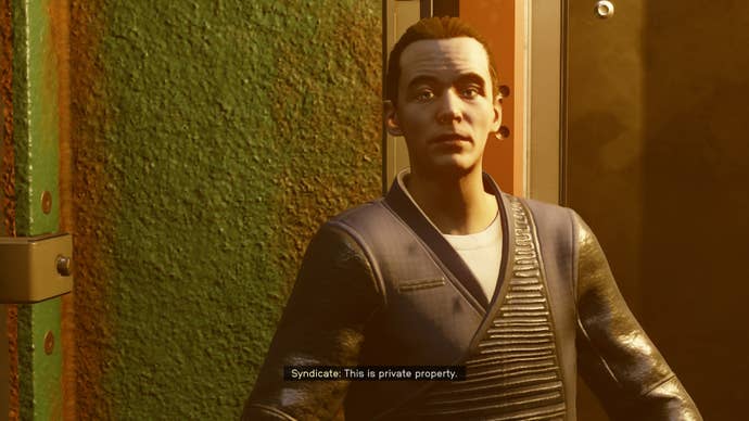 The player speaks with a Syndicate security guard in Starfield
