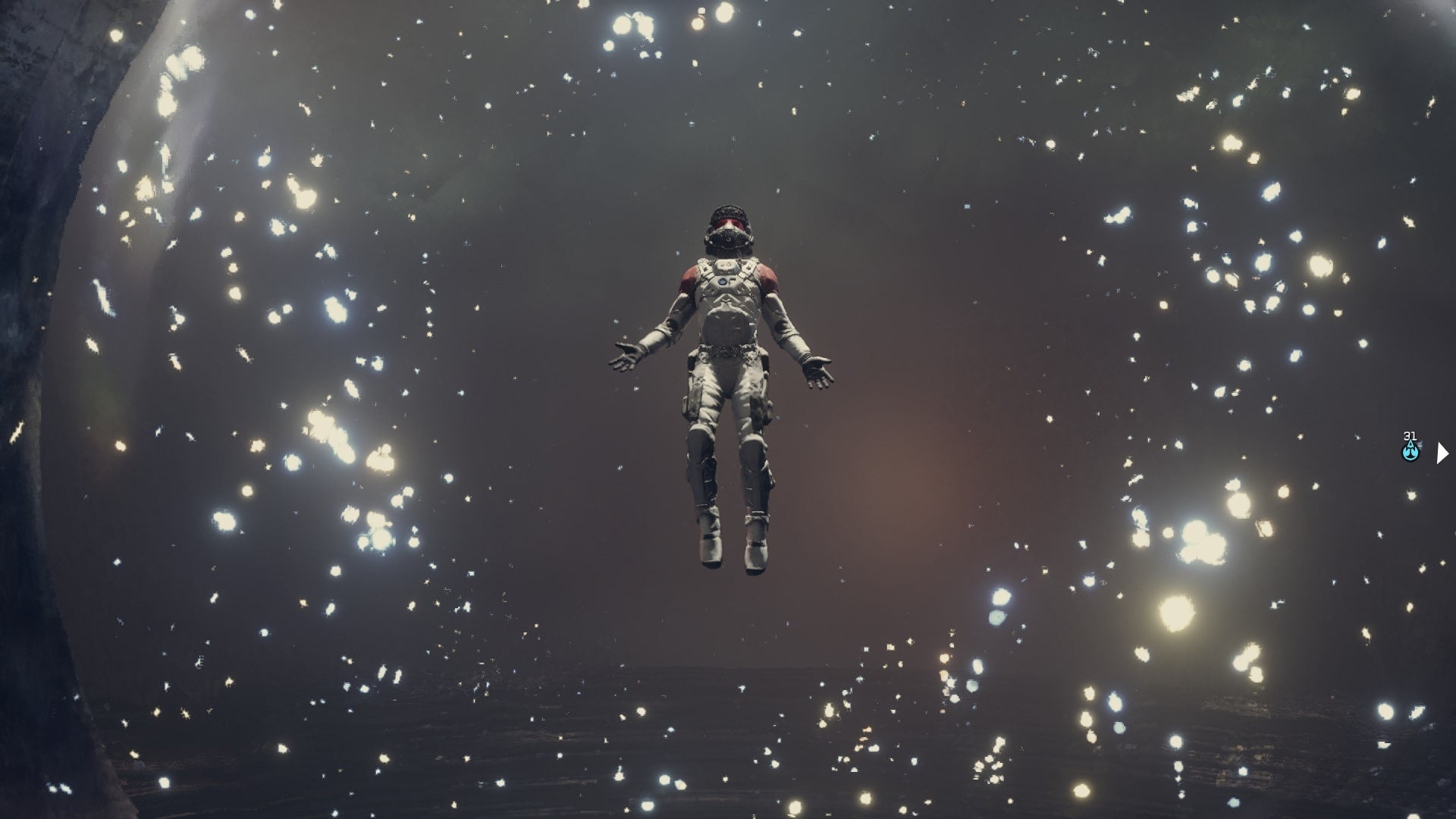 The player is floating in the air inside Temple Beta after collecting motes of light in Starfield - 1