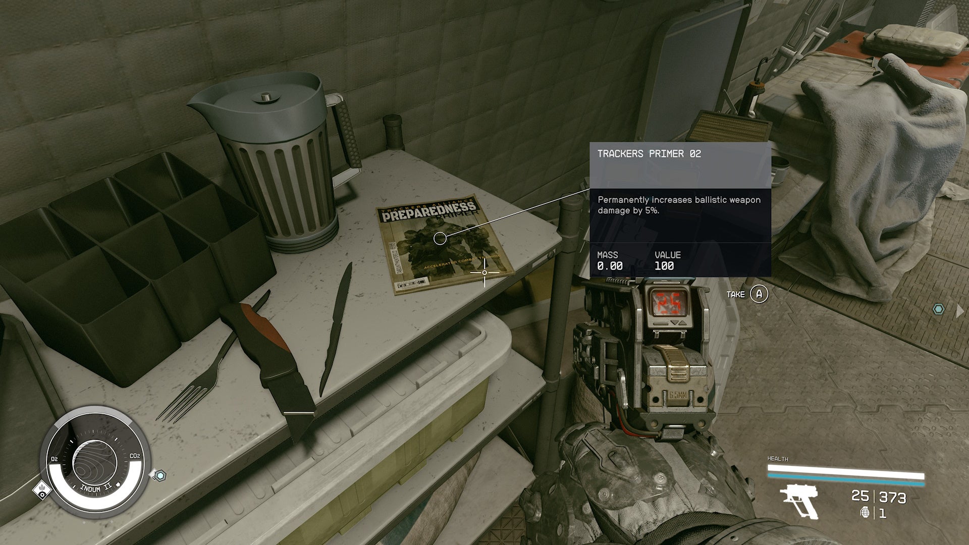 first person view with a pistol out looking at trackers primer skill book on a white cluttered bench