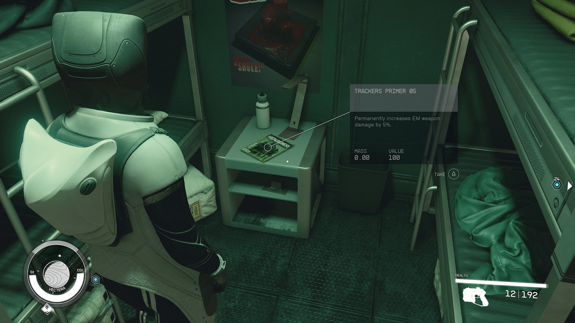 third person view of looking at a trackers prime skill book on beside table between bunk beds