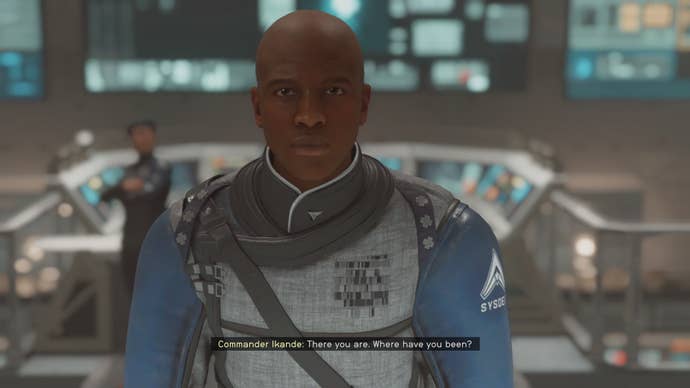 The player speaks with UC Commander Kibwe in Starfield