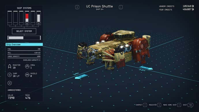 The UC Prison Shuttle in the ships menu in Starfield