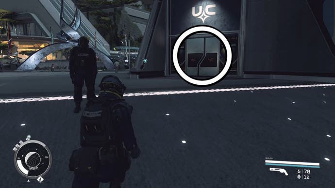 third person view of character running with uc security building circled