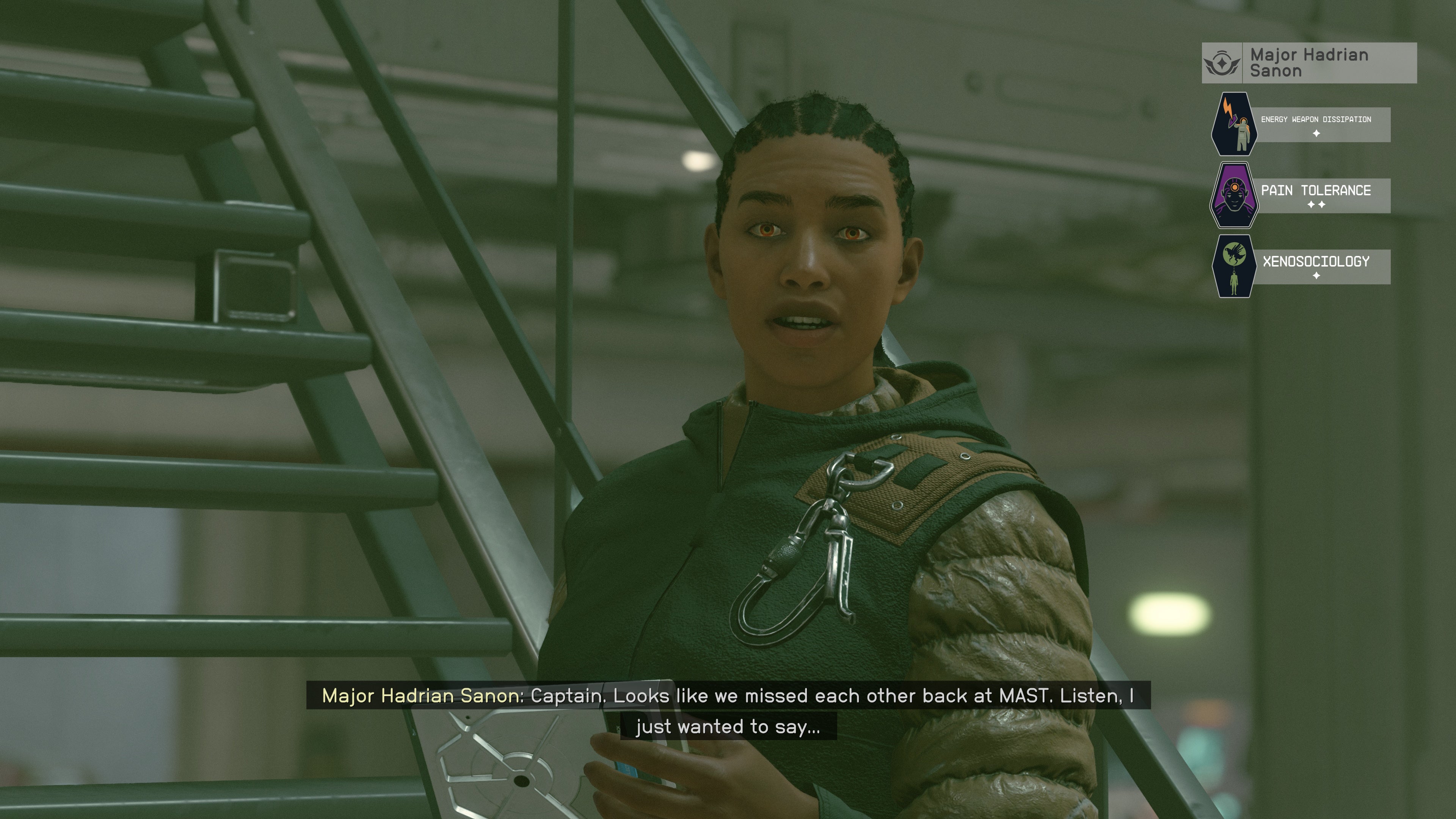 first person view of talking with hadrain with her skill displayed in the top right hand corner