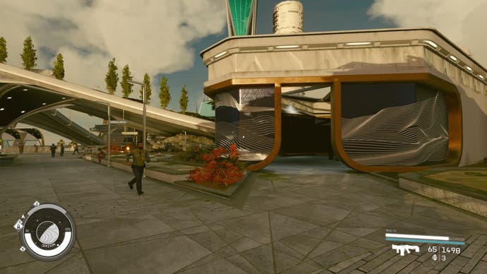 first person view of the building containing the npc who gives you a penthouse apartment