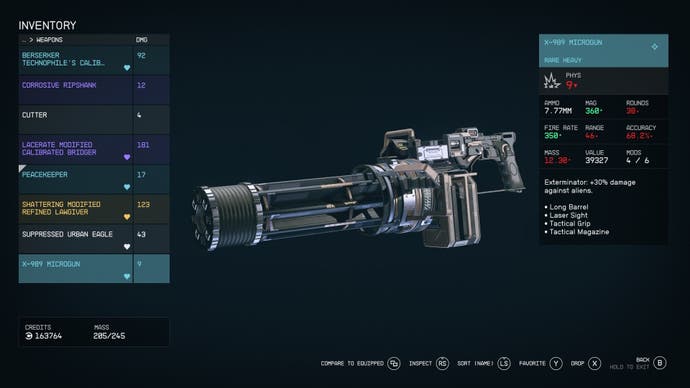 menu view on the microgun weapon and its stats