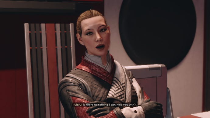 The player speaks with Ryujin Industries head of operations, Ularu, in her office in Starfield