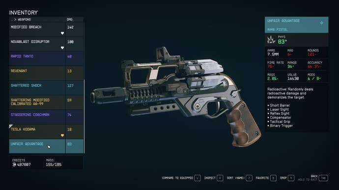 The Unfair Advantage pistol in the player inventory in Starfield