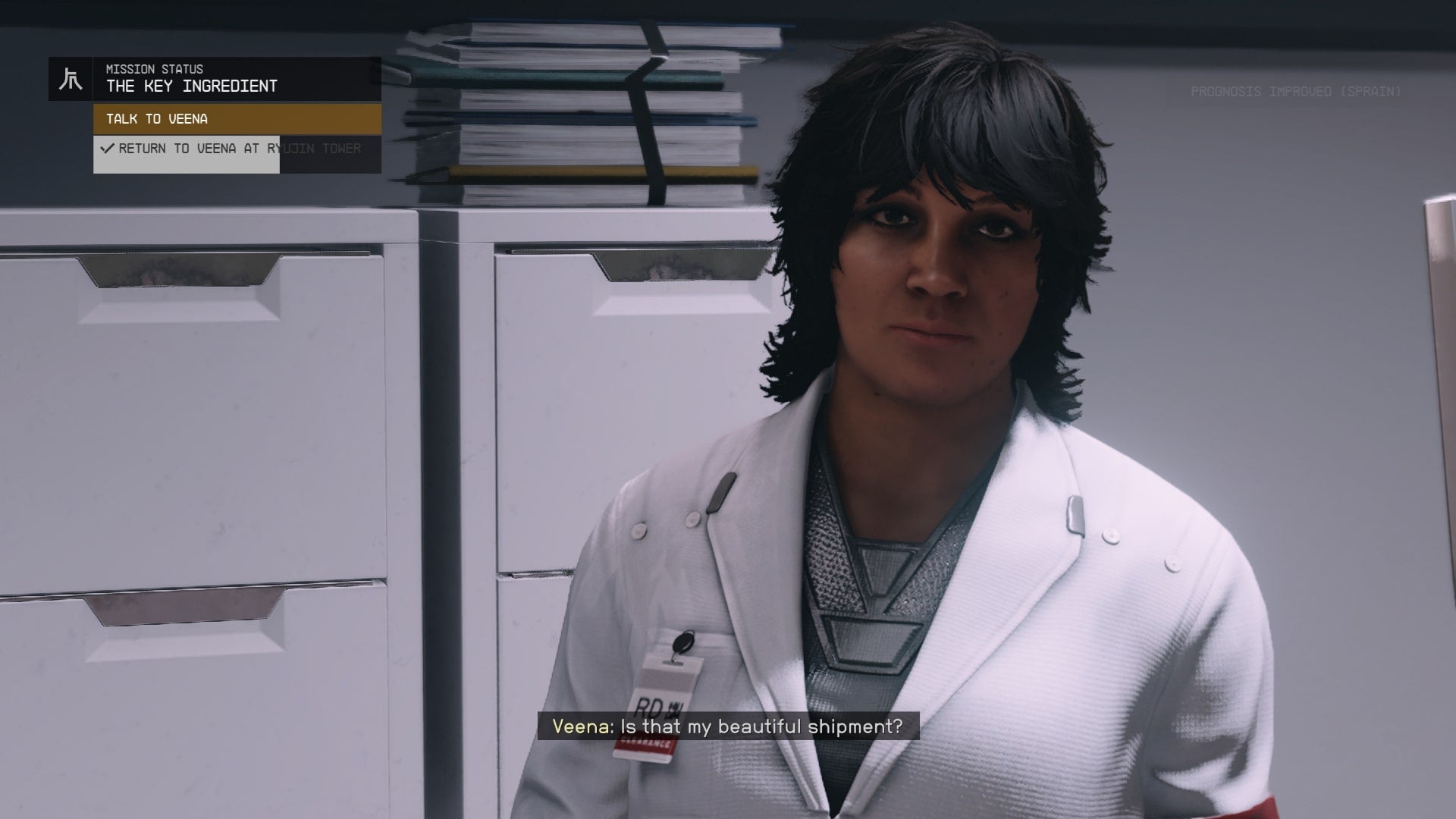 The player speaks with Veena in Ryujin Tower about a rothicite shipment in Starfield - 8