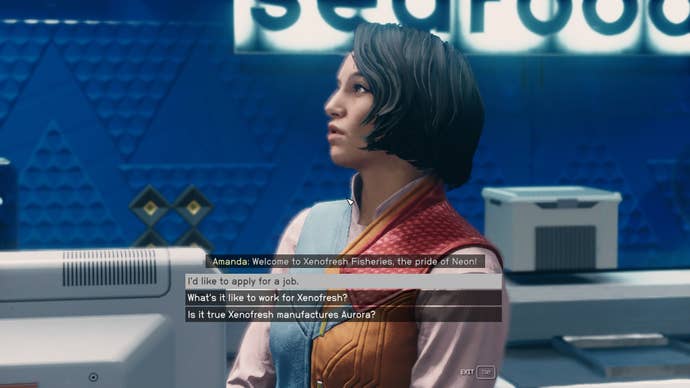 The player speaks with Amanda in the Xenofresh Fisheries lobby about applying for a job in Starfield
