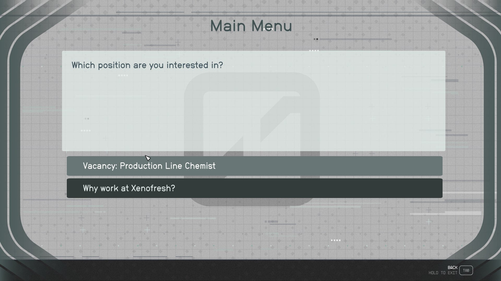 The player uses a Job Application Computer to apply to a job at Xenofresh Fisheries in Starfield