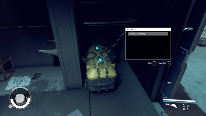The player interacts with a crate in Neshar's Sleepcrate on Neon, which contains a package for Yannick in Starfield