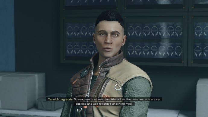 The player speaks with Yannick at Legrande's Liqueurs in Neon in Starfield