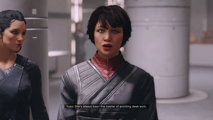 The player speaks with Imogene's colleague, Yuko, outside of her office in Ryujin Tower in Starfield
