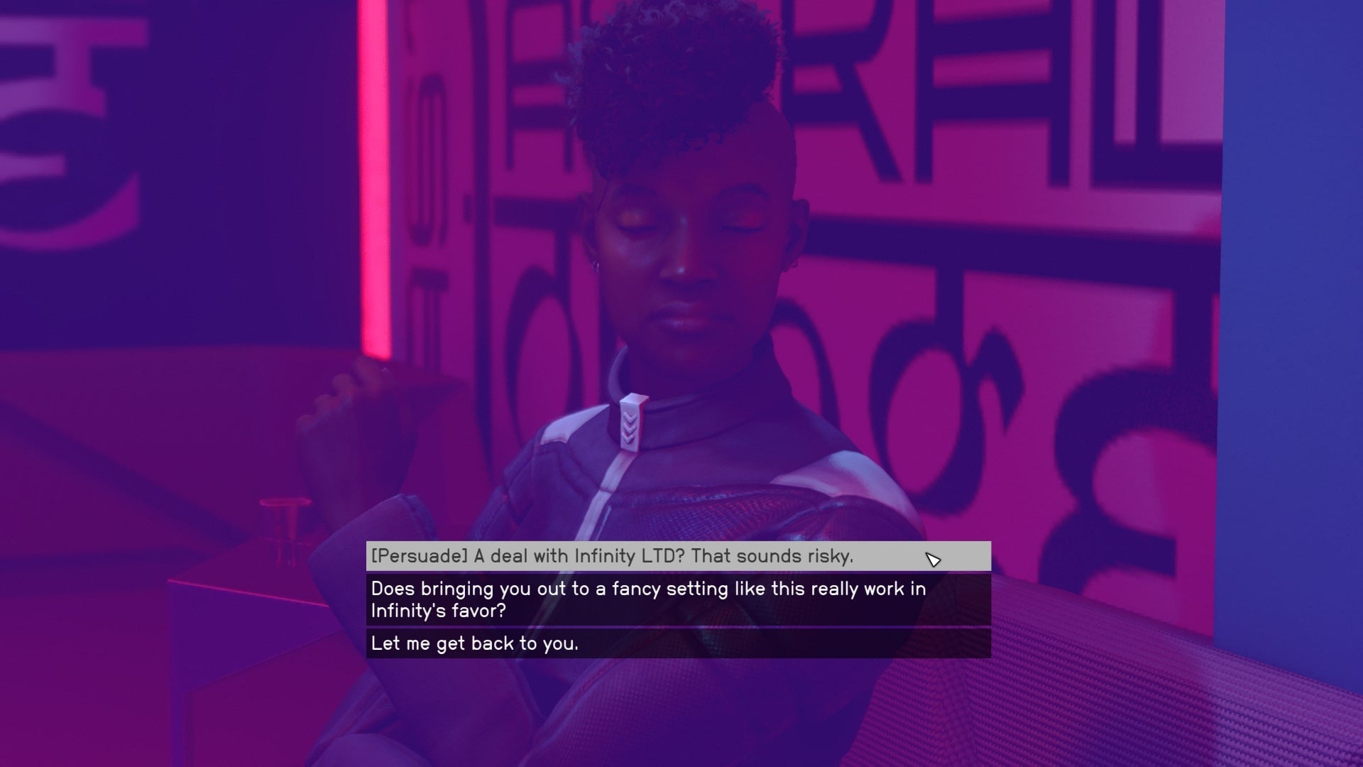 The player speaks with Zola Adisa in the Astral Lounge in Starfield