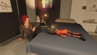 A red-haired woman sits by her childhood bed with a cat plush on top in Starfield