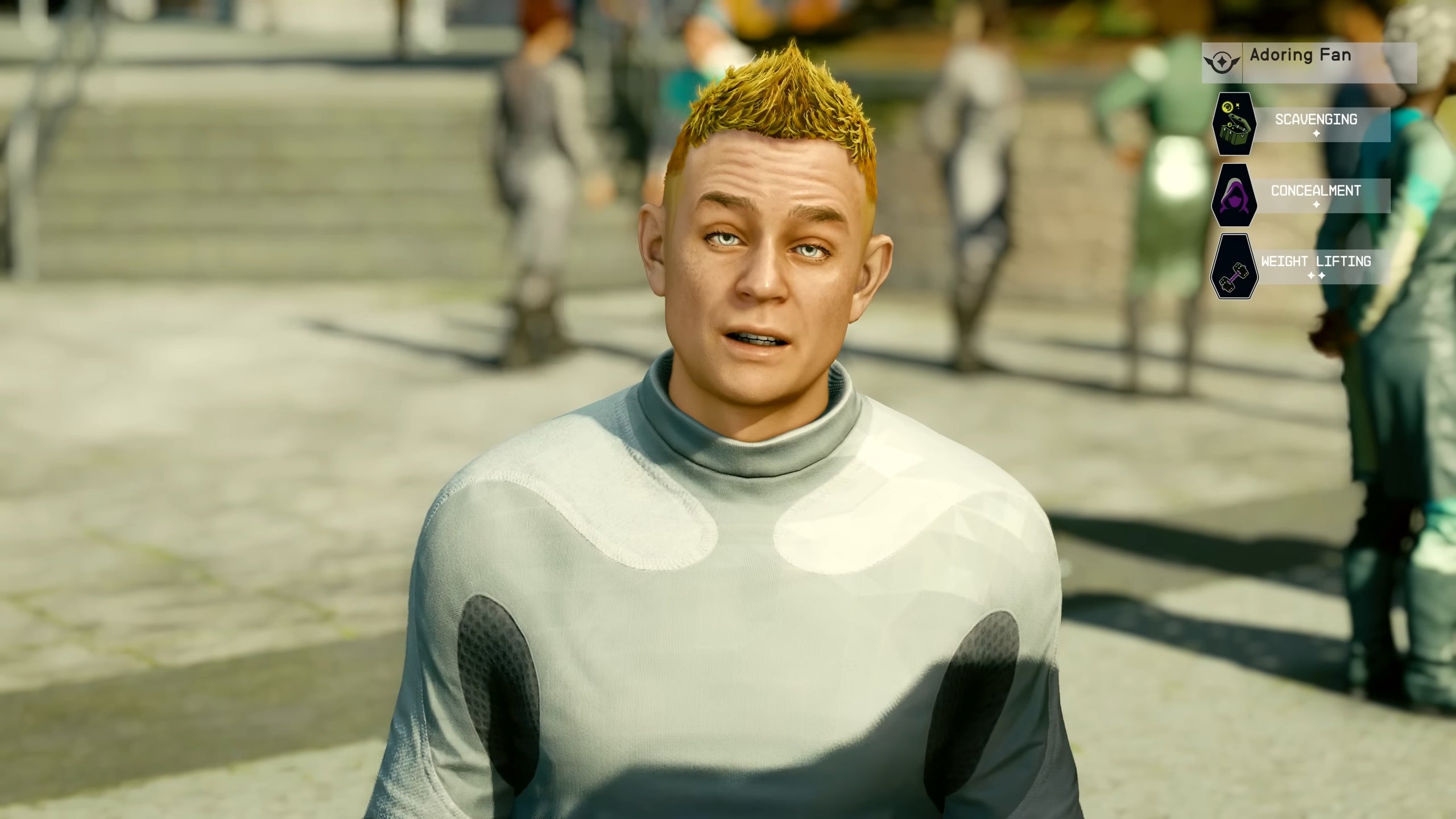 Talking to the adoring fan in first person with his skill displayed in the top right hand corner.