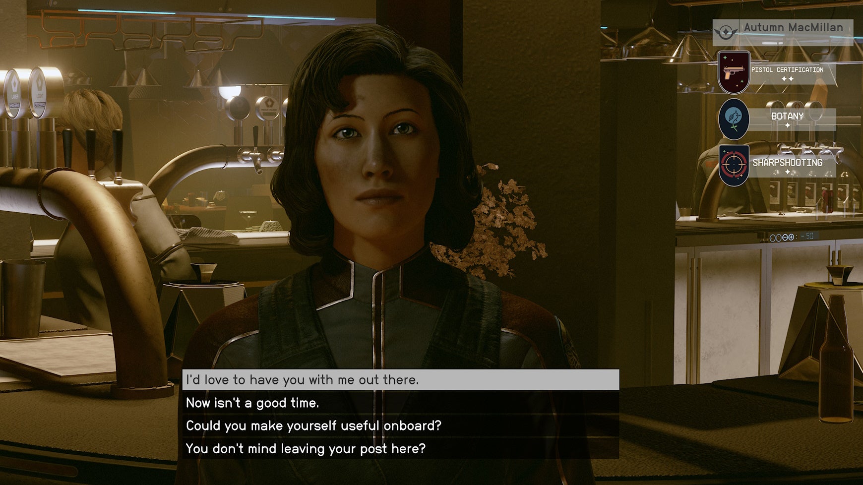 first person view of speaking with autumn macmillan at the red mile with her skills displayed in the top right hand corner