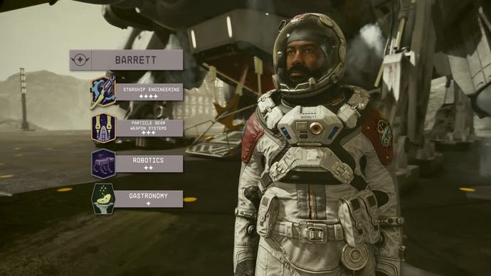 Barrett in a space suit with his skills listed.
