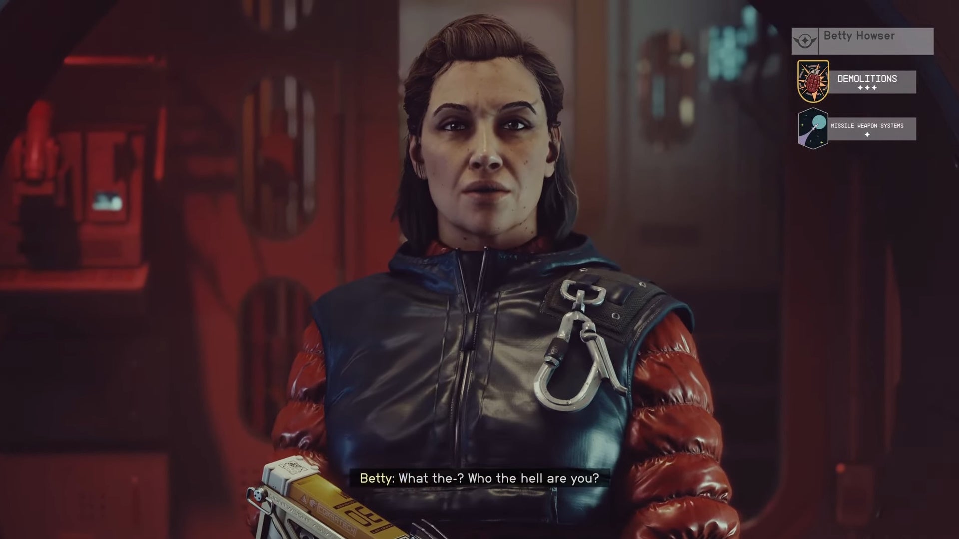 first person persepctive talking with betty howser on the lucky lu ship with her skills displayed in the top right hand corner