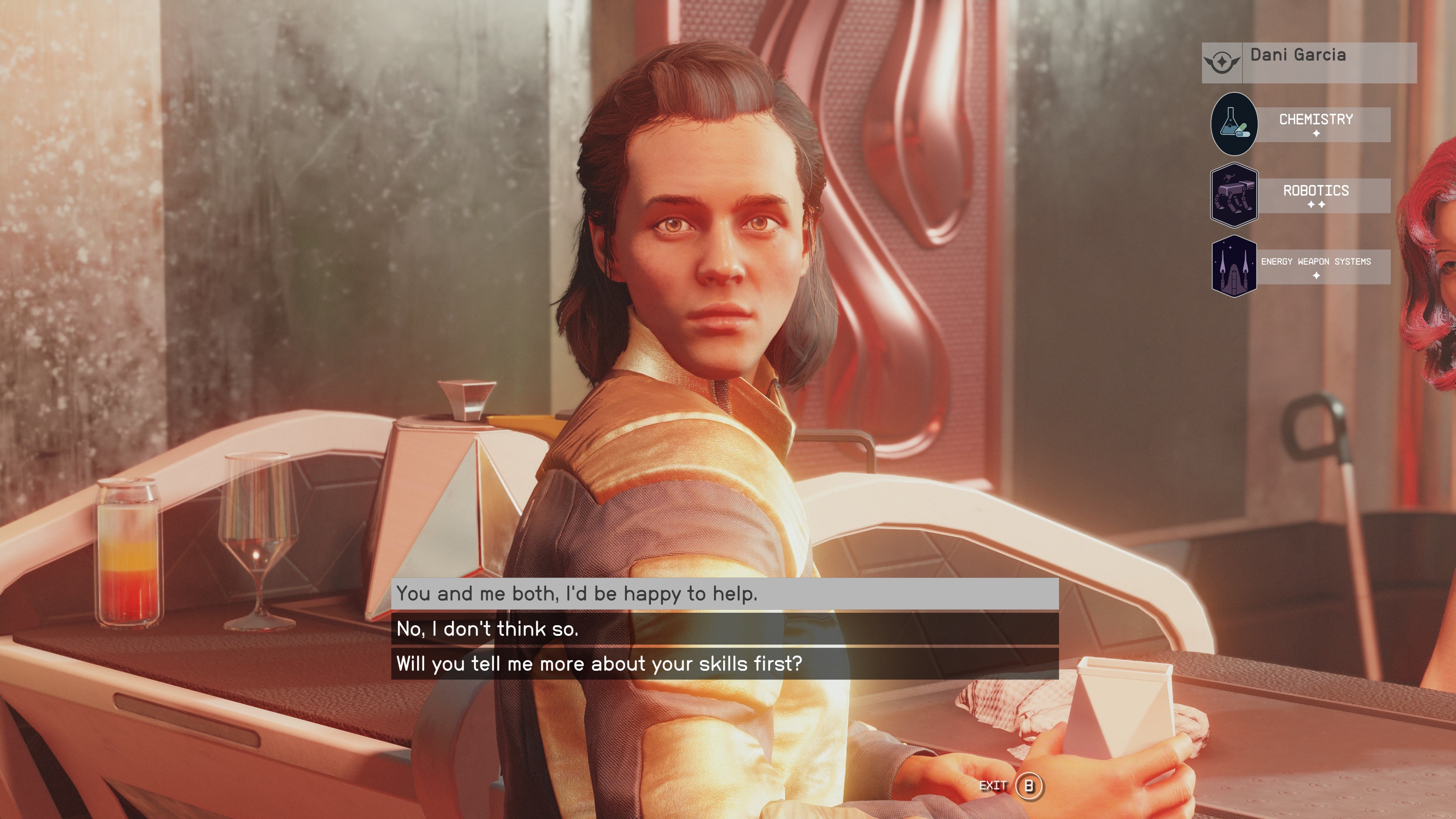 first person conversation with dani garcia at the euphorika bar on neon with her skills displayed in the top right hand corner