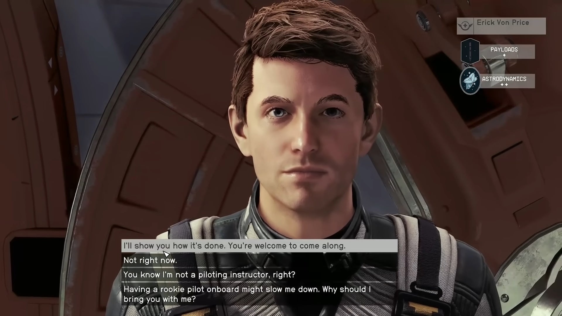 first person view of talking with erick von price with his skills displayed in the top right hand corner