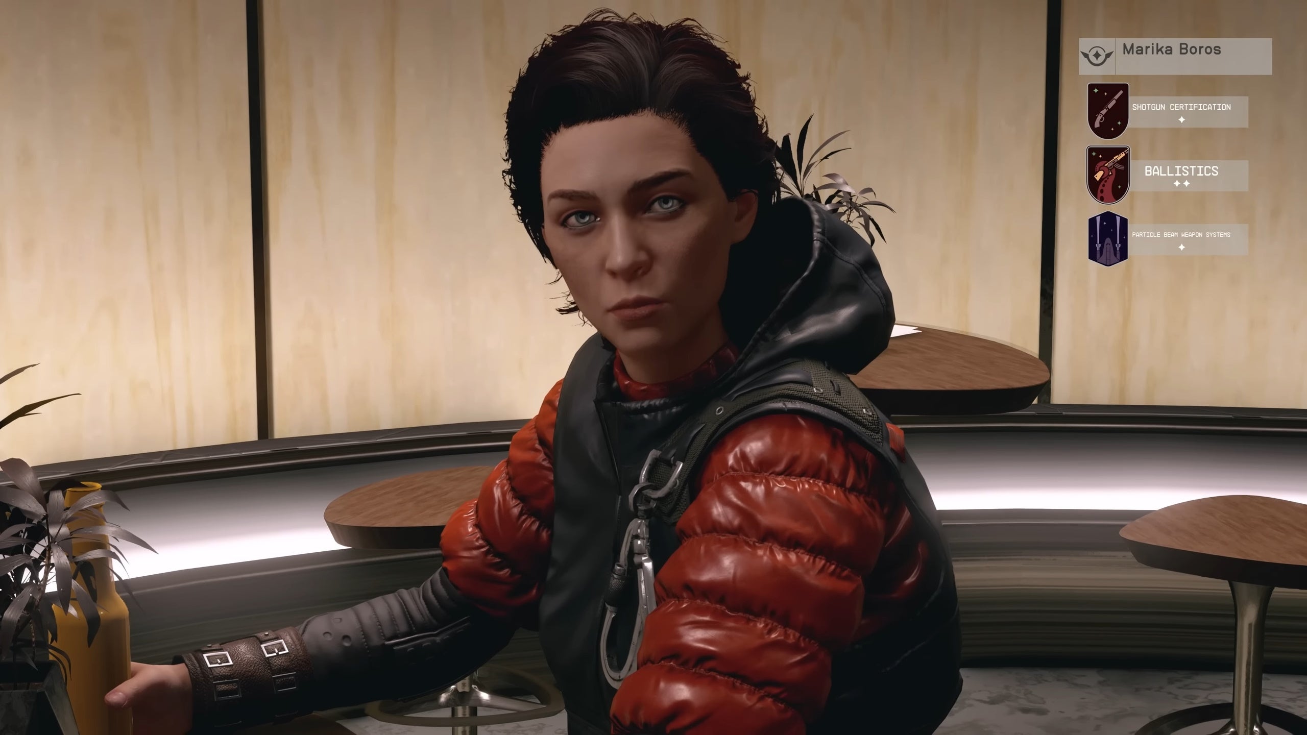 Speaking with marika boros in first person with her skills displayed in the top right hand corner