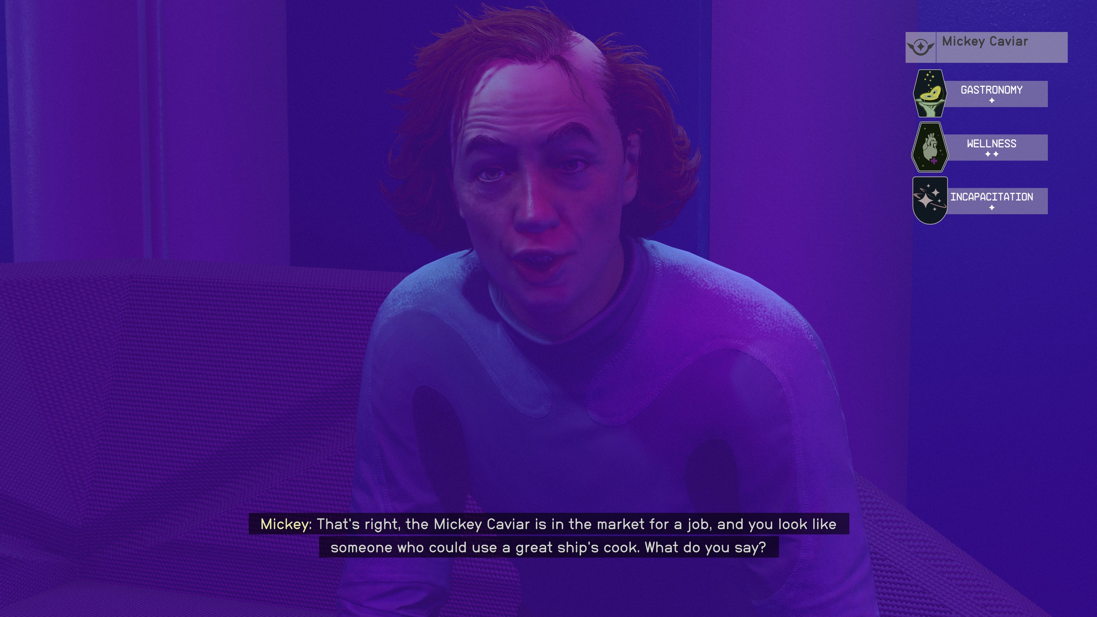 conversation with mickey caviar in the astral lounge night club on neon with his skills displayed in the top right hand corner