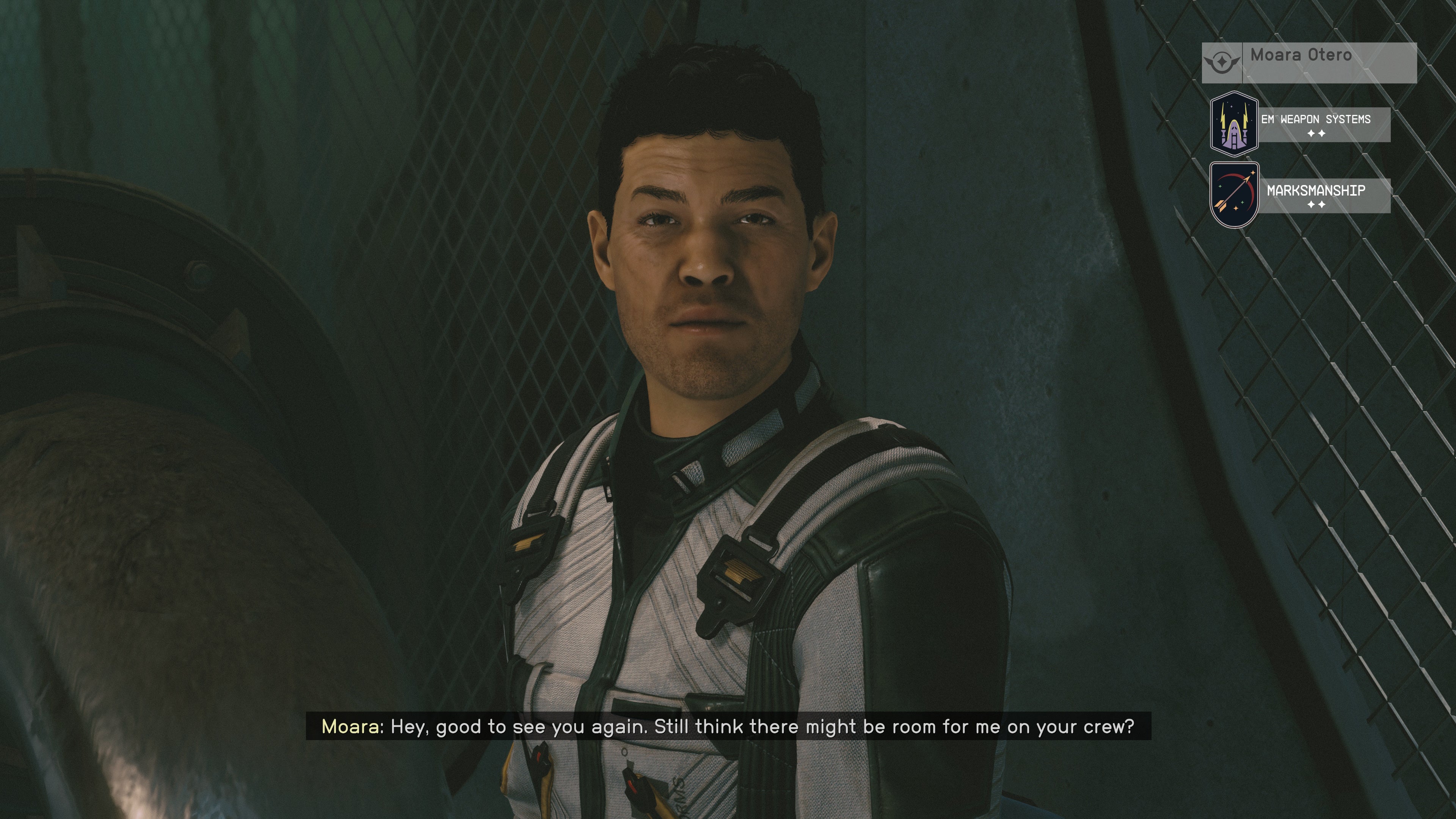 first person conversation with moara otero in the broken spear bar with his skills displayed on the top right hand corner