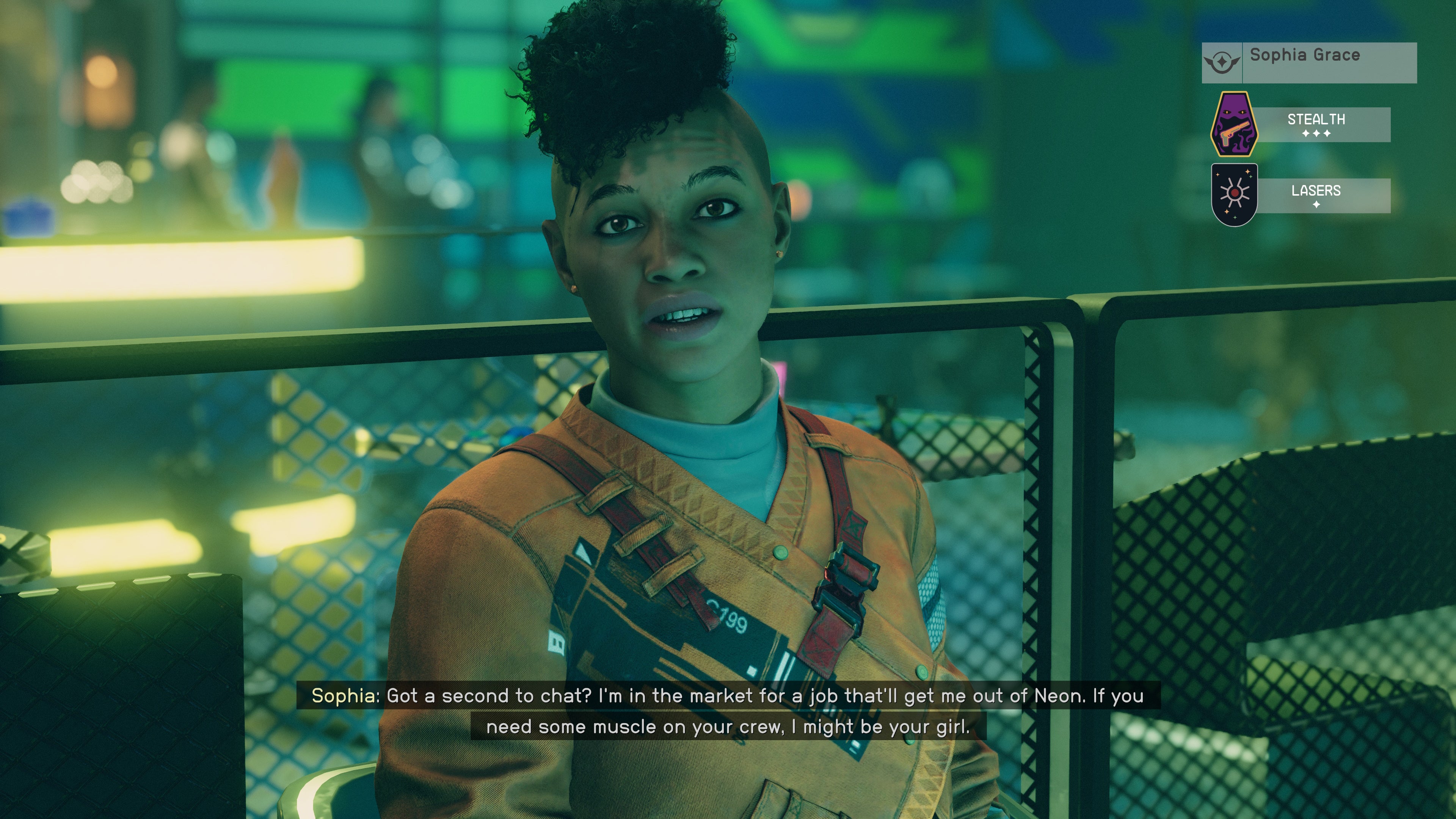 first person conversation with sophia grace in madam sauvages place bar on neon with her skills displayed in the top right hand corner