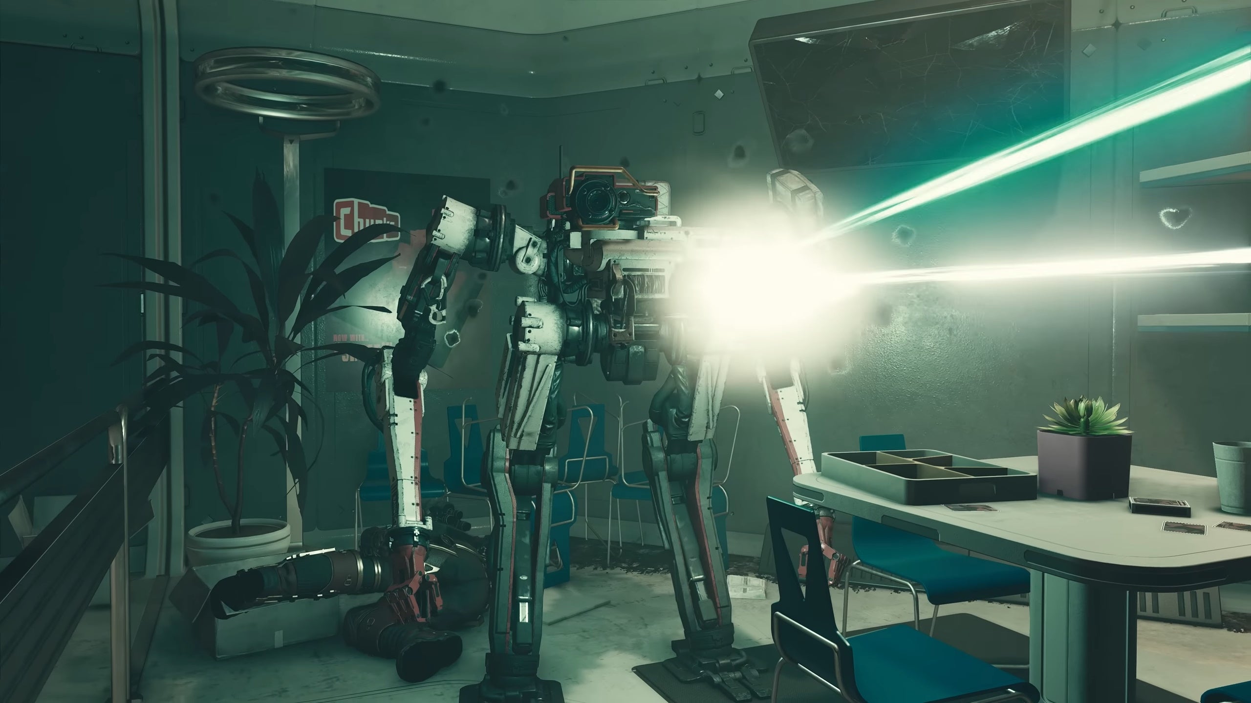 Vasco shooting a green laser beam in a small room with a corpse behind it.