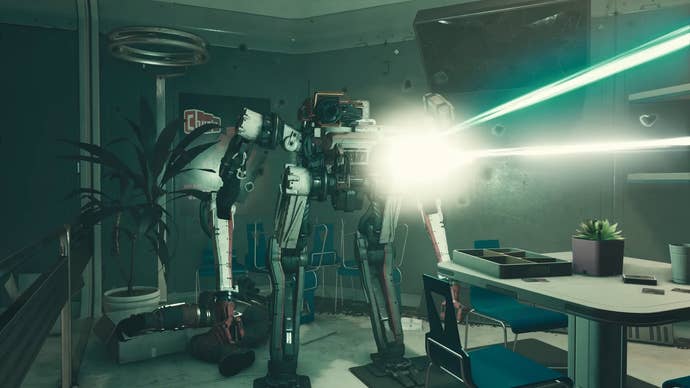 Vasco shooting a green laser beam in a small room with a corpse behind it.