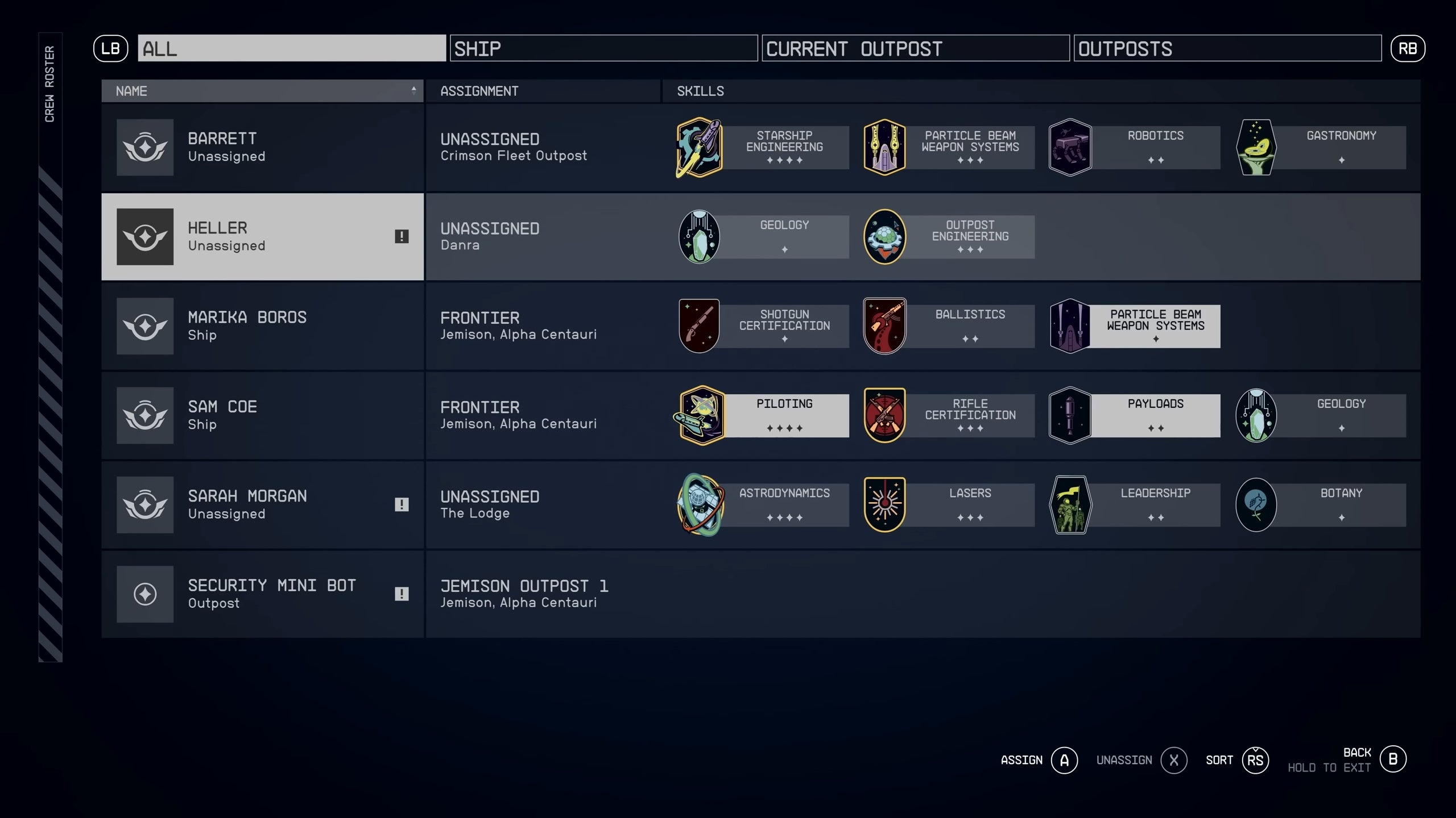Companion and crew member assign menu.