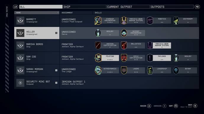 Companion and crew member assign menu.