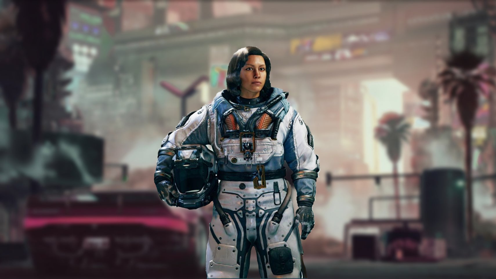 The Cyberneticist character from Starfield on top of a blurred Cyberpunk 2077 background. - 1