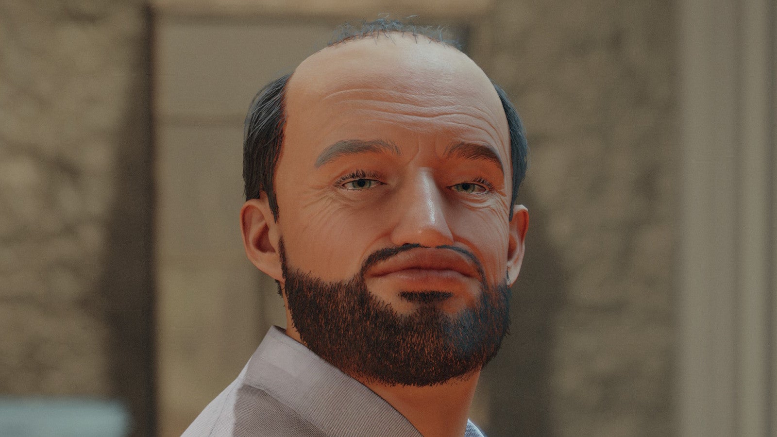 A close-up crop of a bearded, balding man in Starfield