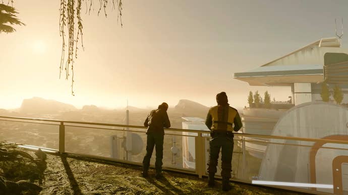 Two characters look out over a serene setting in Starfield.